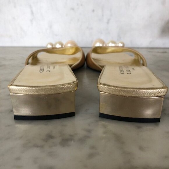 CHRISTIAN LACROIX Faux Pearl Gold Triangle Heel Tan Slide Sandal 5.5 - Picture 13 of 17